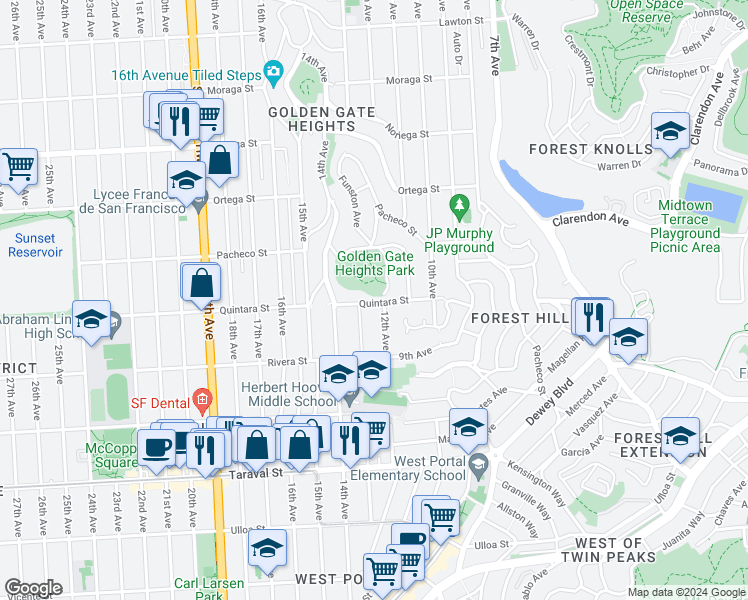 map of restaurants, bars, coffee shops, grocery stores, and more near 320 Quintara Street in San Francisco