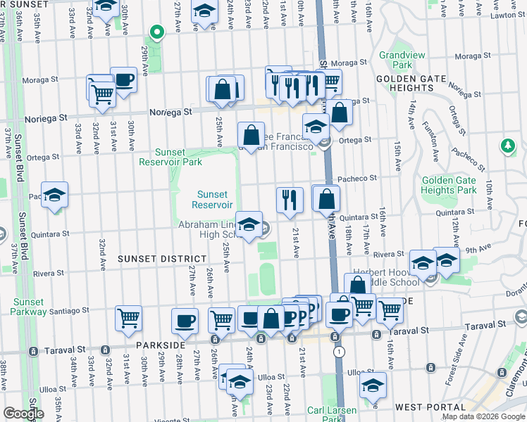 map of restaurants, bars, coffee shops, grocery stores, and more near 2070 23rd Avenue in San Francisco