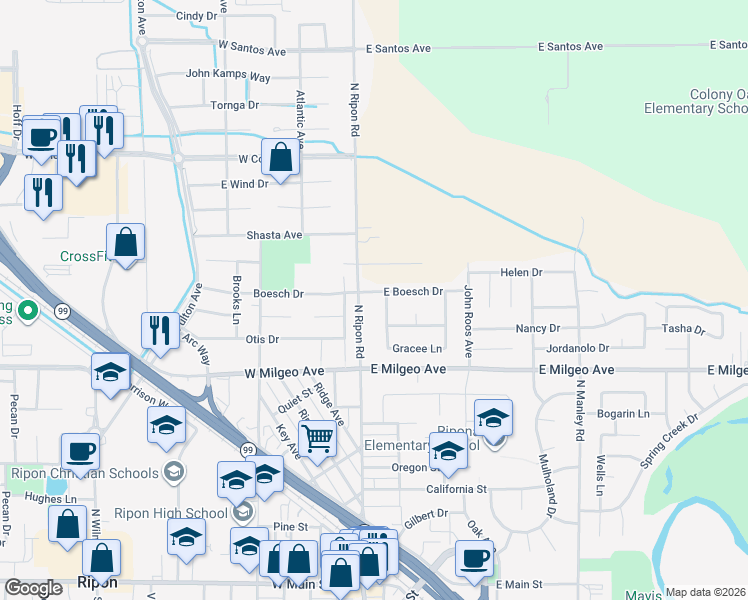 map of restaurants, bars, coffee shops, grocery stores, and more near 142 East Boesch Drive in Ripon