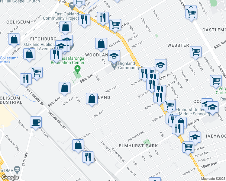 map of restaurants, bars, coffee shops, grocery stores, and more near 1140 88th Avenue in Oakland