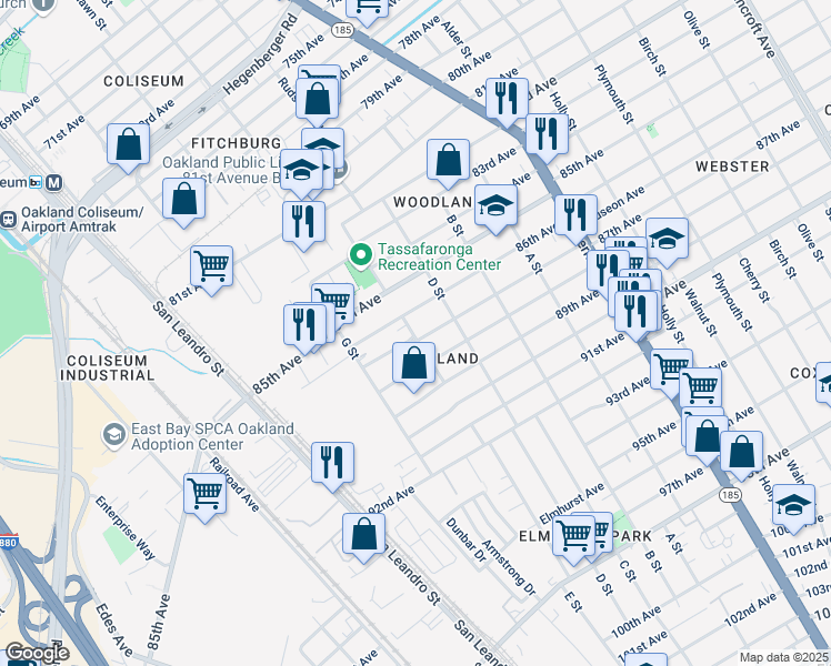 map of restaurants, bars, coffee shops, grocery stores, and more near 1003 87th Avenue in Oakland