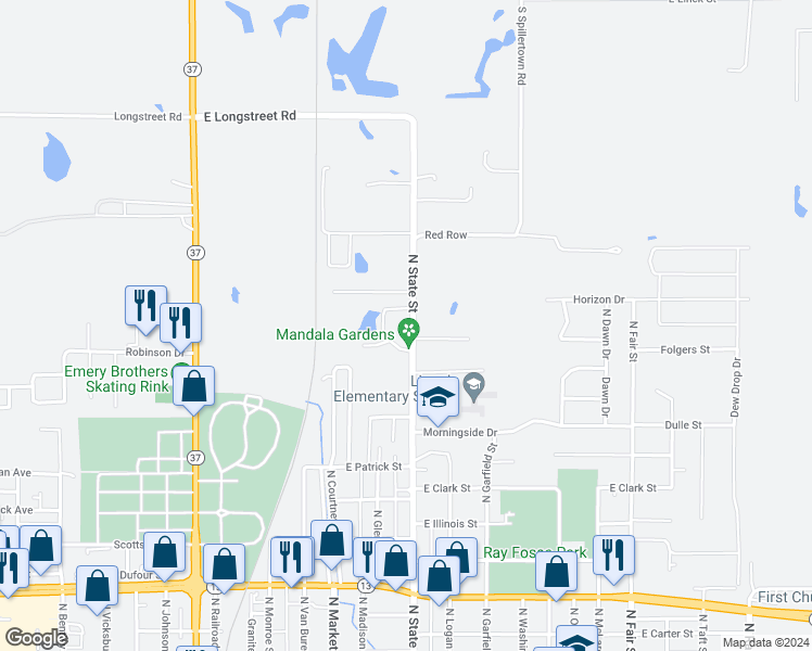map of restaurants, bars, coffee shops, grocery stores, and more near 1708 North State Street in Marion