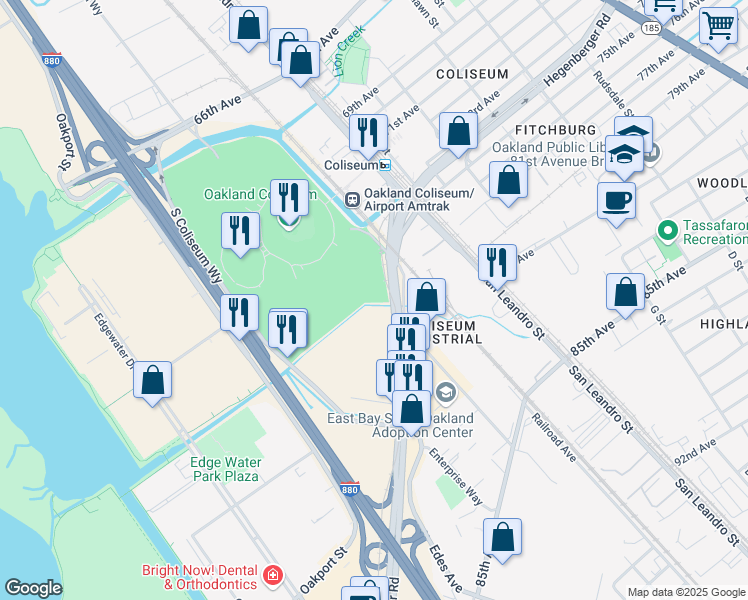 map of restaurants, bars, coffee shops, grocery stores, and more near 695 Hegenberger Road in Oakland