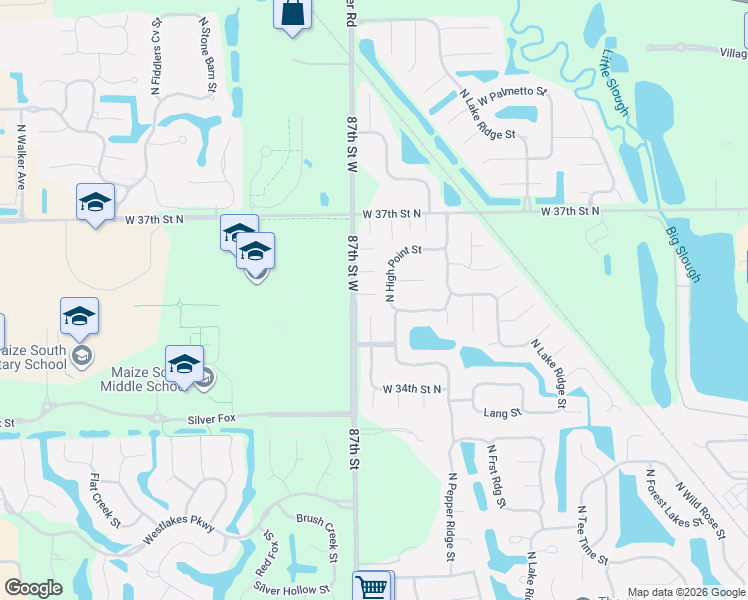 map of restaurants, bars, coffee shops, grocery stores, and more near 3602 North High Point Street in Wichita