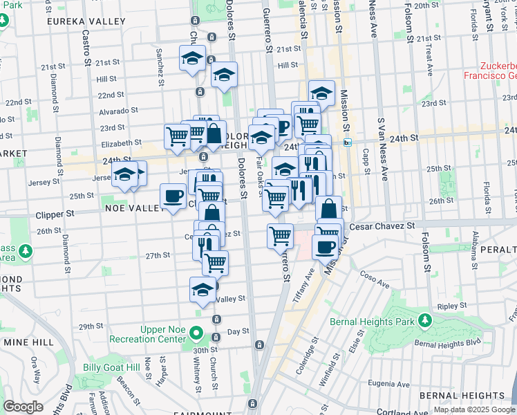 map of restaurants, bars, coffee shops, grocery stores, and more near 476 Fair Oaks Street in San Francisco