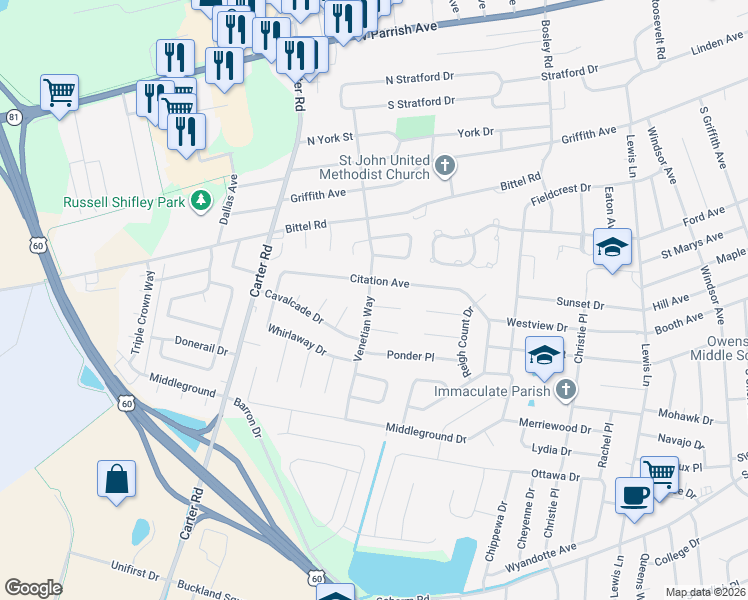 map of restaurants, bars, coffee shops, grocery stores, and more near 2215 Venetian Way in Owensboro