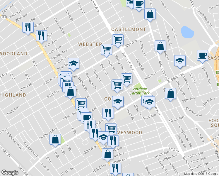 map of restaurants, bars, coffee shops, grocery stores, and more near 9411 Birch Street in Oakland
