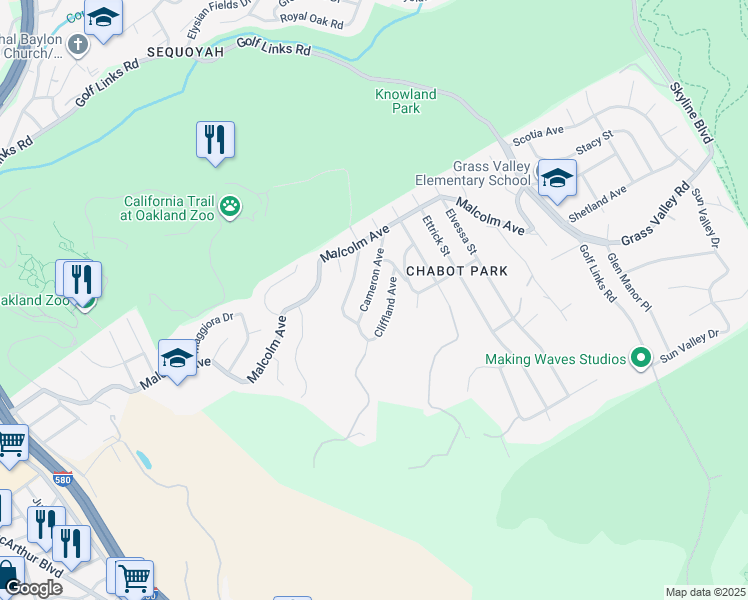 map of restaurants, bars, coffee shops, grocery stores, and more near 11000 Cameron Avenue in Oakland