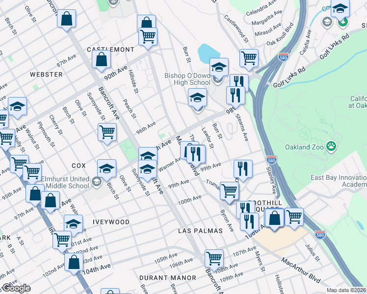 map of restaurants, bars, coffee shops, grocery stores, and more near 9829 MacArthur Boulevard in Oakland