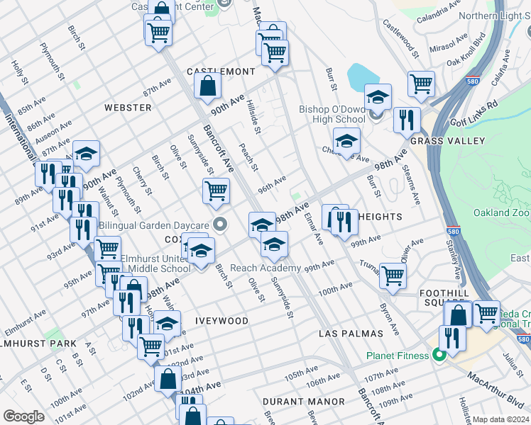 map of restaurants, bars, coffee shops, grocery stores, and more near in Oakland