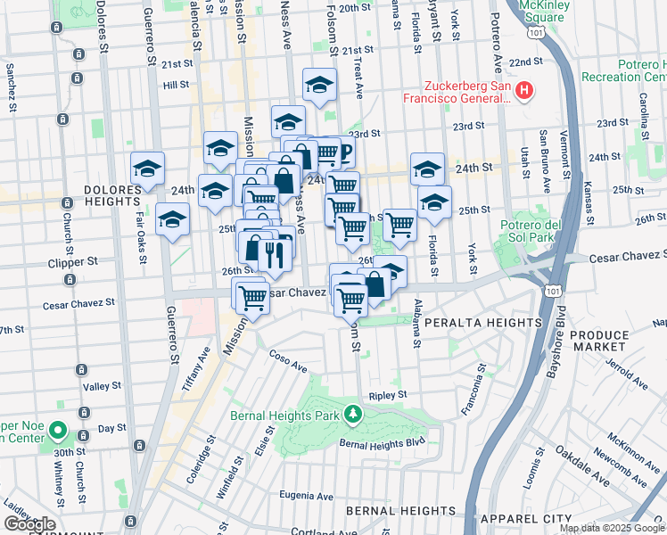 map of restaurants, bars, coffee shops, grocery stores, and more near 3251-3255 26th Street in San Francisco