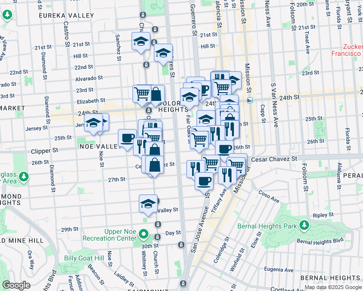 map of restaurants, bars, coffee shops, grocery stores, and more near 476 Fair Oaks Street in San Francisco