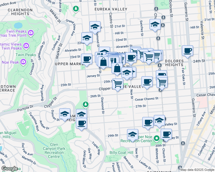 map of restaurants, bars, coffee shops, grocery stores, and more near 418 Clipper Street in San Francisco