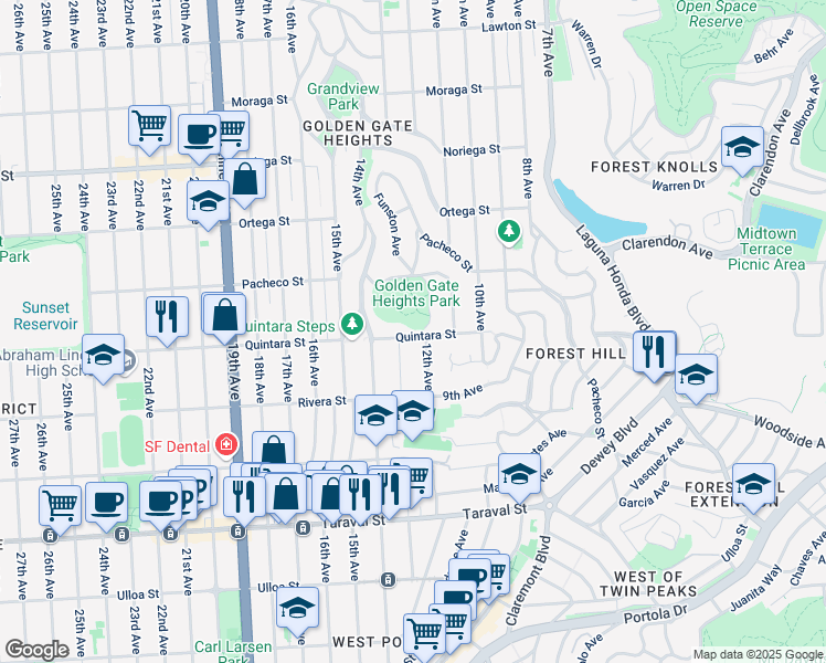 map of restaurants, bars, coffee shops, grocery stores, and more near 320 Quintara Street in San Francisco