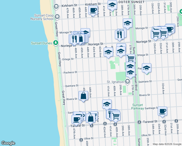 map of restaurants, bars, coffee shops, grocery stores, and more near 2015 43rd Avenue in San Francisco