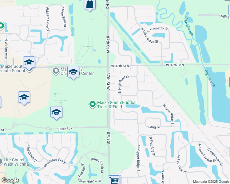 map of restaurants, bars, coffee shops, grocery stores, and more near 3602 North High Point Street in Wichita