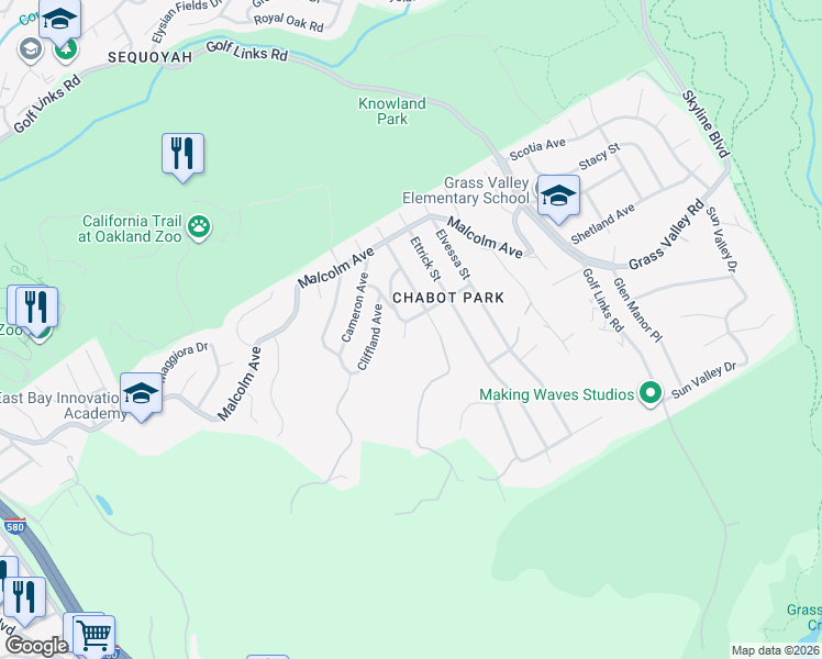 map of restaurants, bars, coffee shops, grocery stores, and more near 4200 Aberfoil Avenue in Oakland