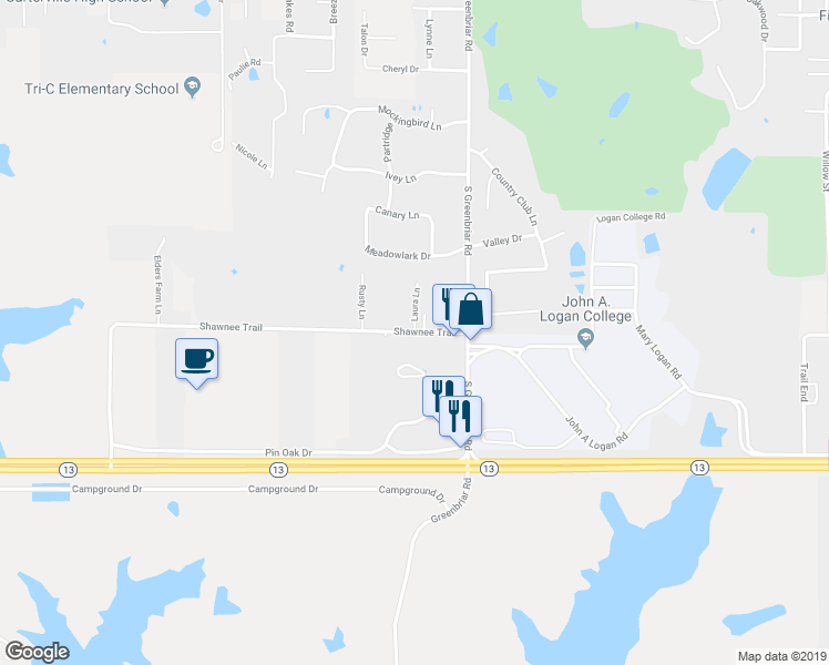 map of restaurants, bars, coffee shops, grocery stores, and more near 700 Laura Lane in Carterville