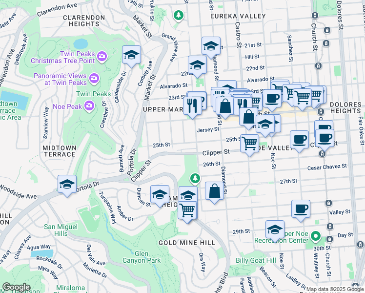 map of restaurants, bars, coffee shops, grocery stores, and more near 4515 25th Street in San Francisco