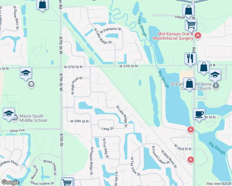 map of restaurants, bars, coffee shops, grocery stores, and more near 3640 Forest Ridge Court in Wichita