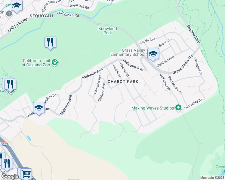 map of restaurants, bars, coffee shops, grocery stores, and more near 4220 Aberfoil Avenue in Oakland