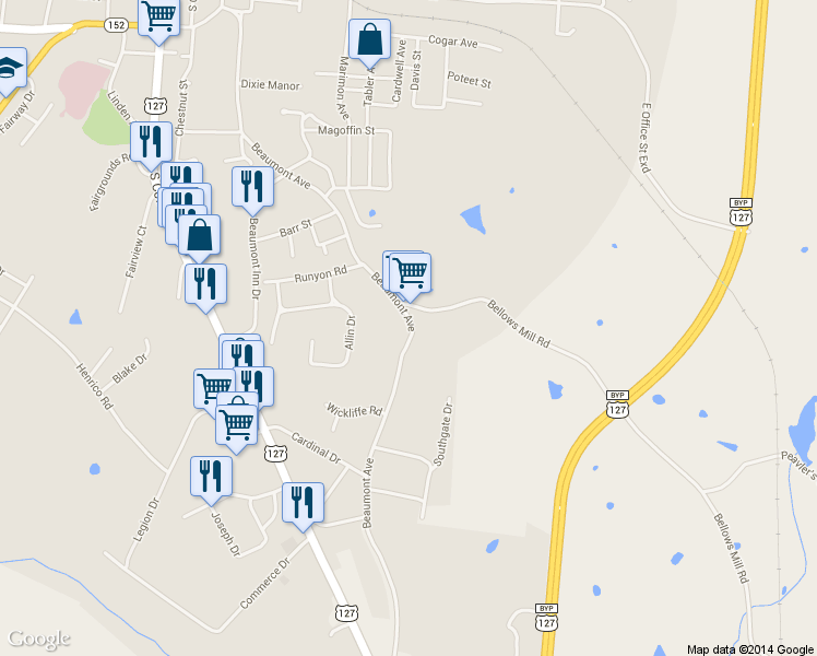 map of restaurants, bars, coffee shops, grocery stores, and more near 712 Beaumont Ave in Harrodsburg