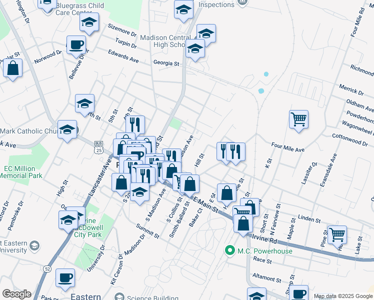 map of restaurants, bars, coffee shops, grocery stores, and more near 253 North Madison Avenue in Richmond