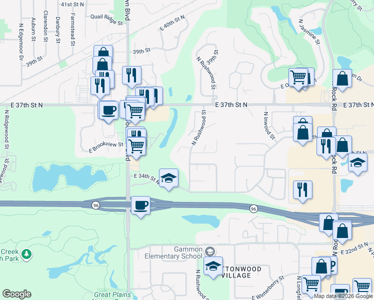 map of restaurants, bars, coffee shops, grocery stores, and more near 3607 North Rushwood Street in Wichita