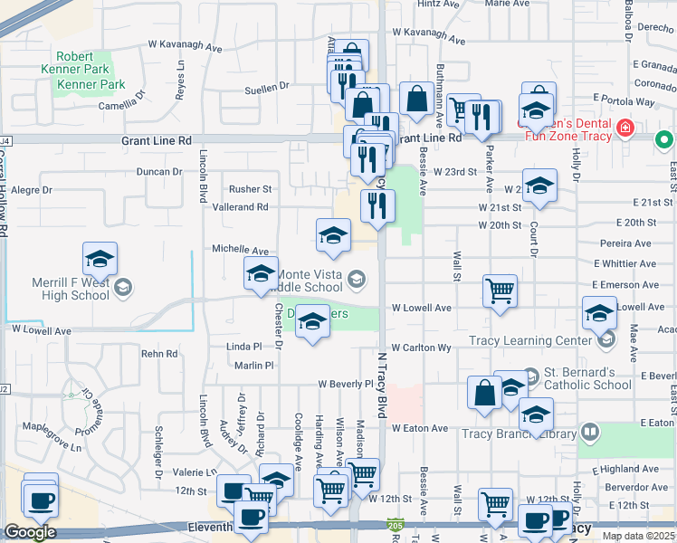 map of restaurants, bars, coffee shops, grocery stores, and more near 751 West Lowell Avenue in Tracy