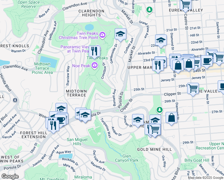 map of restaurants, bars, coffee shops, grocery stores, and more near 11 Crestline Drive in San Francisco