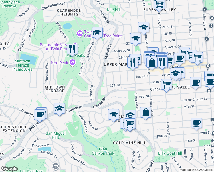 map of restaurants, bars, coffee shops, grocery stores, and more near 25th St & Grand View Ave in San Francisco
