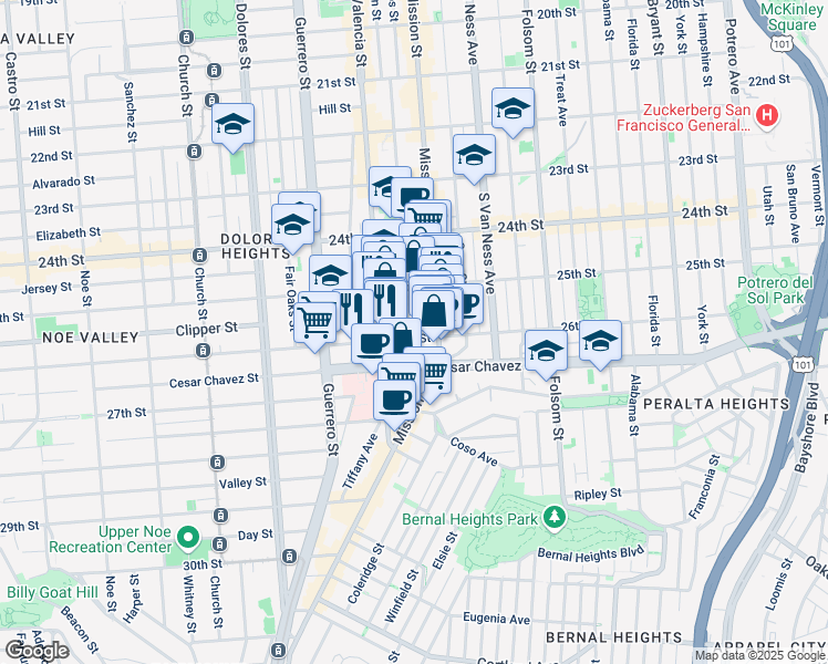 map of restaurants, bars, coffee shops, grocery stores, and more near 3420 26th Street in San Francisco