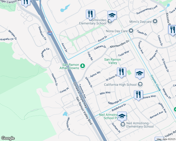 map of restaurants, bars, coffee shops, grocery stores, and more near 3002 Montevideo Drive in San Ramon