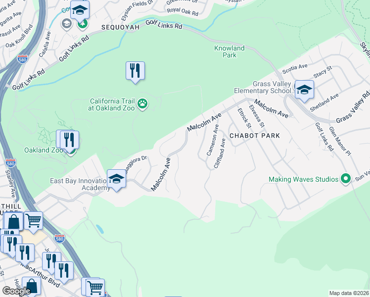 map of restaurants, bars, coffee shops, grocery stores, and more near 2 Montwood Way in Oakland