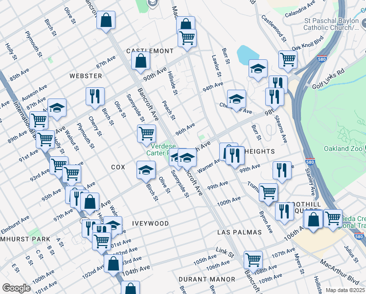 map of restaurants, bars, coffee shops, grocery stores, and more near in Oakland