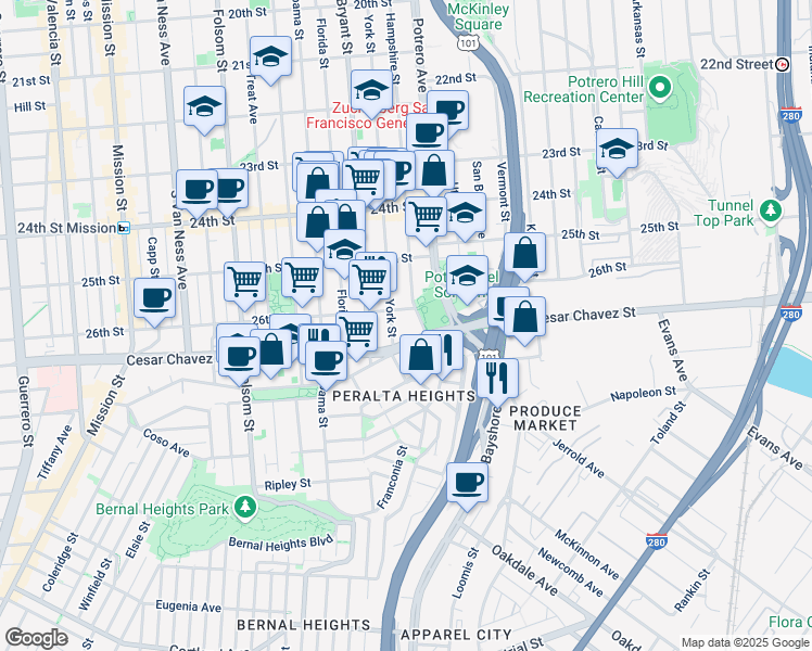 map of restaurants, bars, coffee shops, grocery stores, and more near in San Francisco