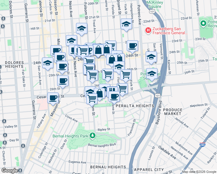 map of restaurants, bars, coffee shops, grocery stores, and more near 3128 Kamille Court in San Francisco