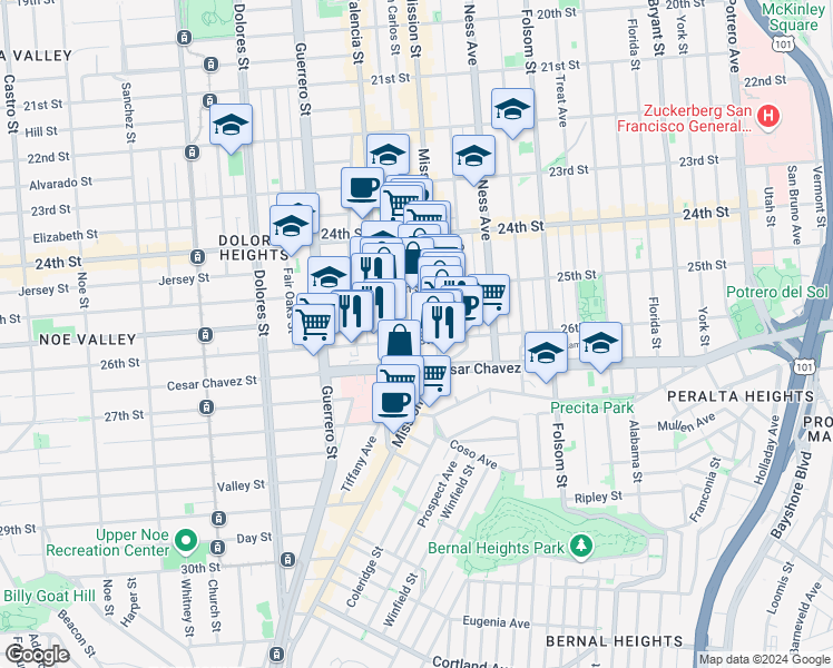 map of restaurants, bars, coffee shops, grocery stores, and more near 496 Bartlett Street in San Francisco