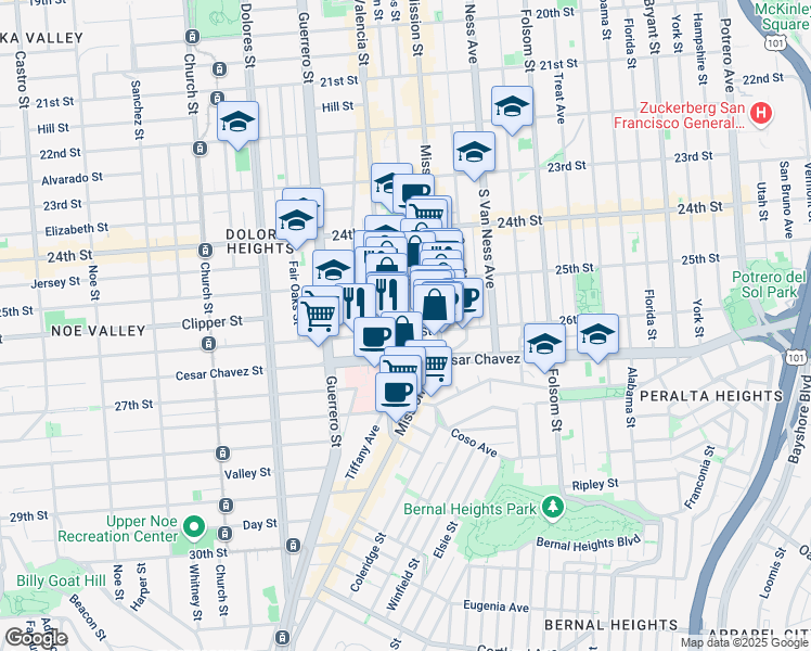 map of restaurants, bars, coffee shops, grocery stores, and more near 496 Bartlett Street in San Francisco