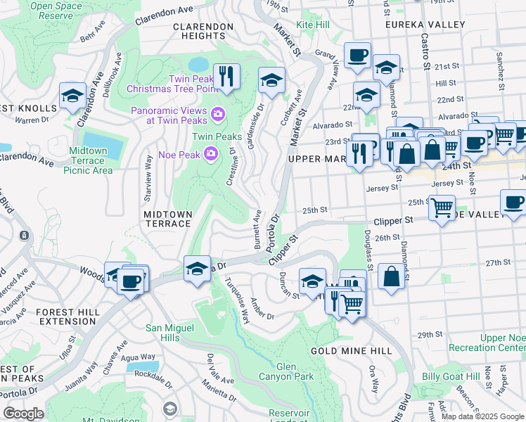 map of restaurants, bars, coffee shops, grocery stores, and more near 850 Burnett Avenue in San Francisco