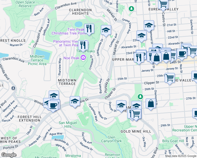 map of restaurants, bars, coffee shops, grocery stores, and more near 850 Burnett Avenue in San Francisco