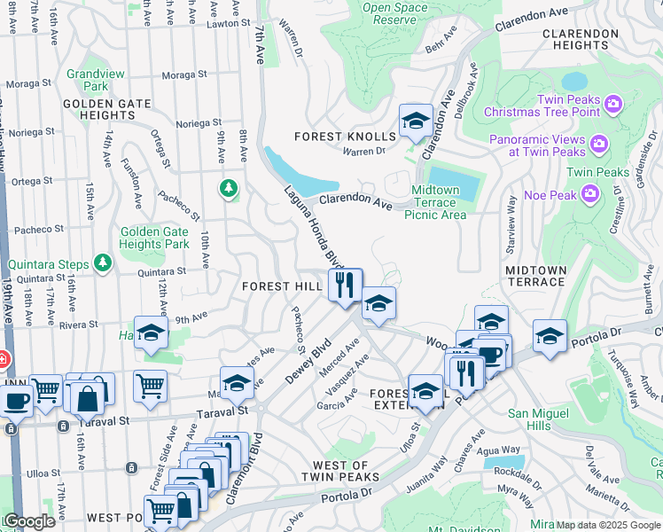 map of restaurants, bars, coffee shops, grocery stores, and more near 2 Plaza Street in San Francisco
