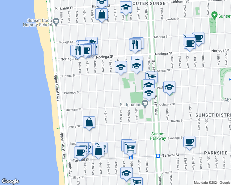 map of restaurants, bars, coffee shops, grocery stores, and more near 2022 42nd Avenue in San Francisco