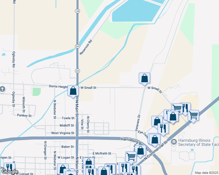 map of restaurants, bars, coffee shops, grocery stores, and more near 414 West Small Street in Harrisburg