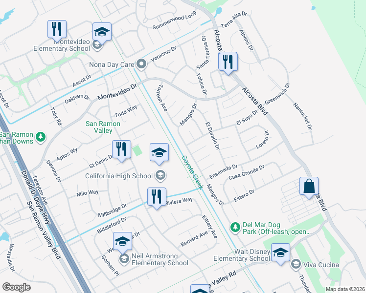 map of restaurants, bars, coffee shops, grocery stores, and more near 9953 Mangos Drive in San Ramon