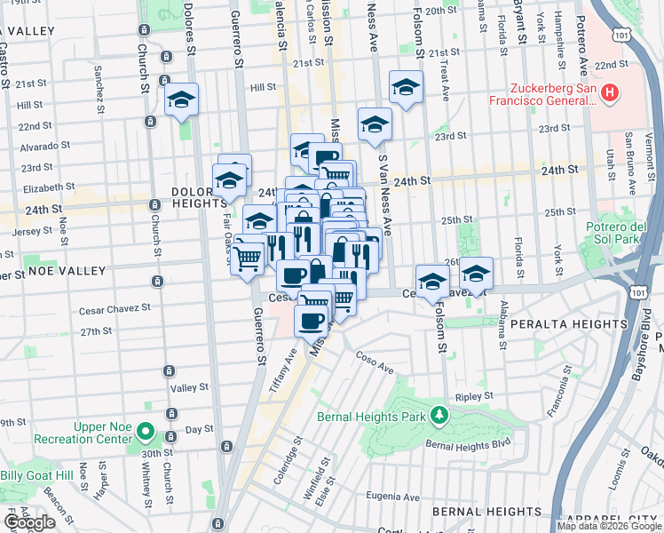 map of restaurants, bars, coffee shops, grocery stores, and more near 3416 26th Street in San Francisco