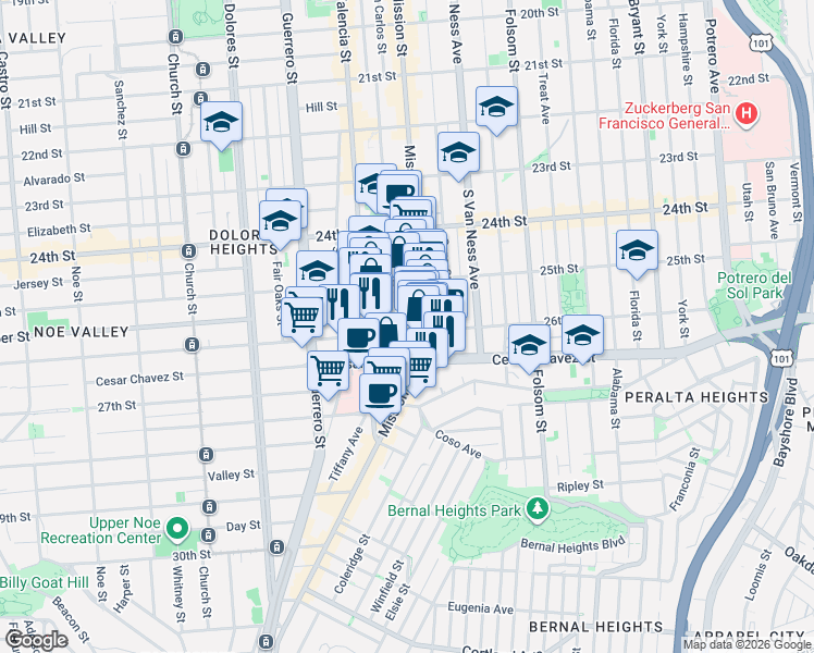 map of restaurants, bars, coffee shops, grocery stores, and more near 496 Bartlett Street in San Francisco
