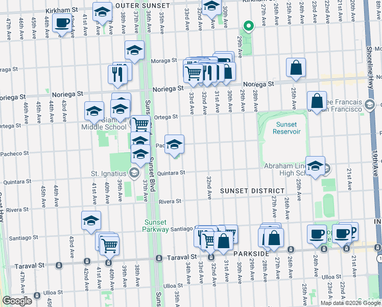 map of restaurants, bars, coffee shops, grocery stores, and more near 2043 33rd Avenue in San Francisco