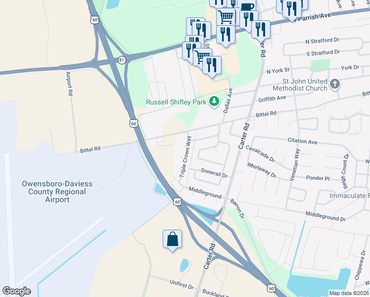 map of restaurants, bars, coffee shops, grocery stores, and more near 2936 Silver Charm Cove in Owensboro