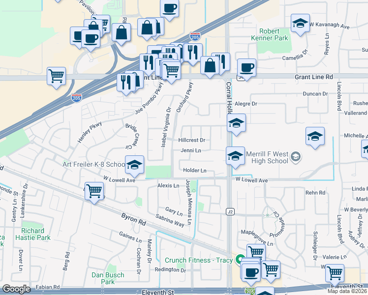map of restaurants, bars, coffee shops, grocery stores, and more near 2175 Jenni Lane in Tracy